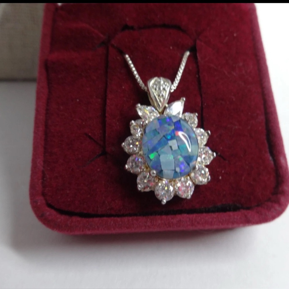 Sterling Silver 925 Opal Mosaic Pendant Necklace 20” Box Chain Flower Halo CZ
